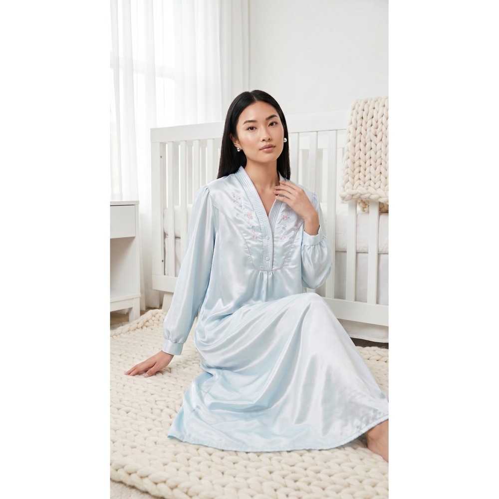 Vtg Barbizon Long Sleeve Embroidered Nightgown Blue Satin Robe House Dress XL